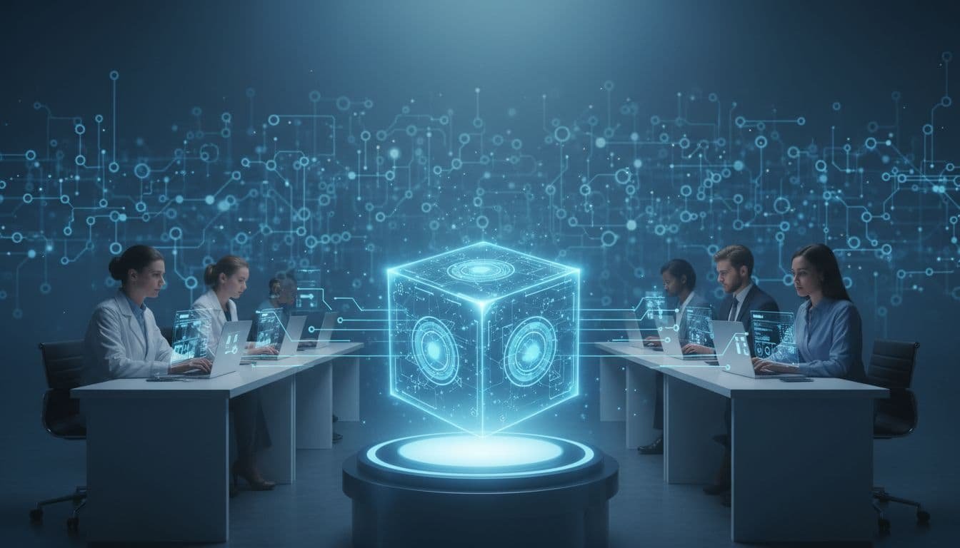 Photorealistic image illustrating a decentralized data marketplace with a glowing secure vault cube, diverse professionals uploading anonymized datasets from laptops, and a blockchain network in an ocean-blue palette.
