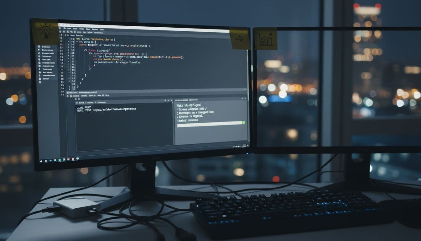 Photorealistic close-up of a developer workflow scene with dual monitors displaying code editor, terminal API calls, and JSON responses in a moody nighttime office with bokeh city lights.
