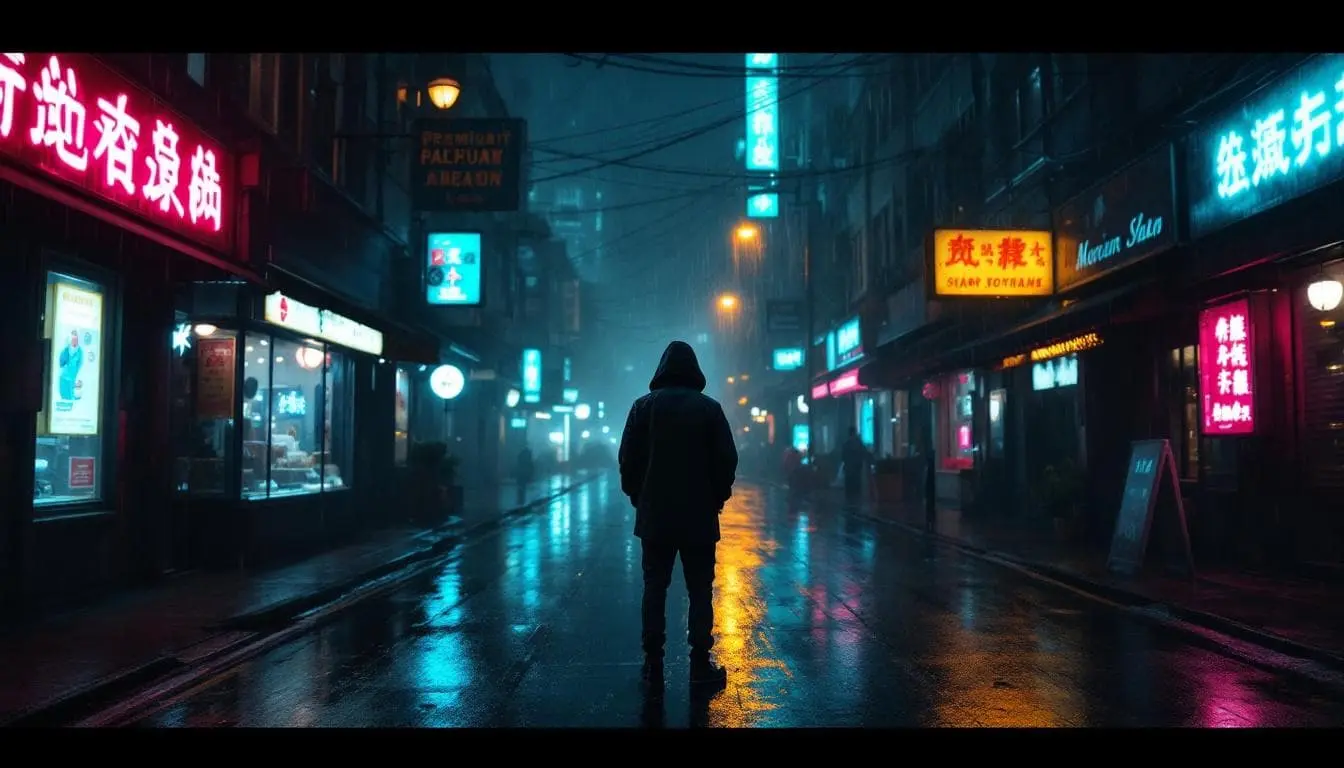 High-fidelity night scene in heavy rain with neon reflections and cinematic camera angle.