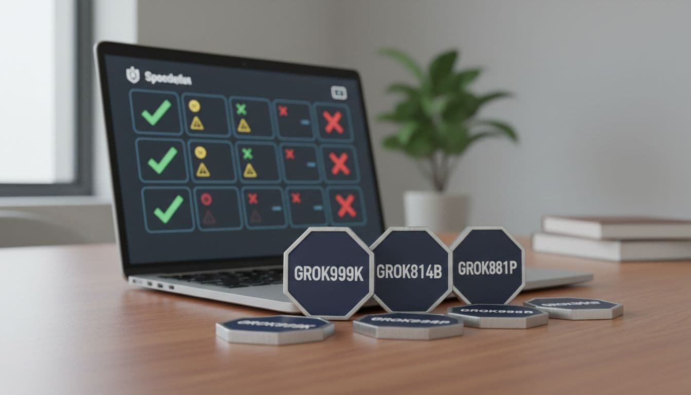 Photorealistic image showing multiple similar-looking token props labeled with variations like GROK999K, GROK814B, and GROK881P on a desk next to a laptop displaying a generic comparison dashboard with checkmarks and warning icons, illustrating the risk of tokens with similar names.