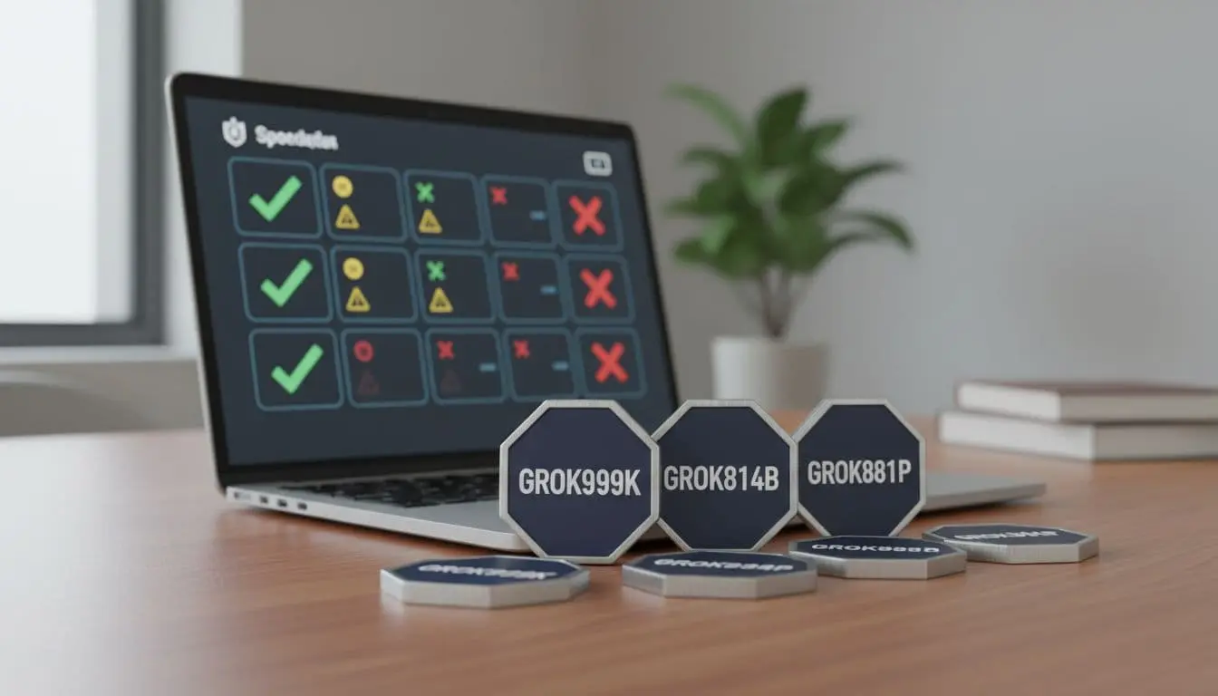 Photorealistic image showing multiple similar-looking token props labeled with variations like GROK999K, GROK814B, and GROK881P on a desk next to a laptop displaying a generic comparison dashboard with checkmarks and warning icons, illustrating the risk of tokens with similar names.