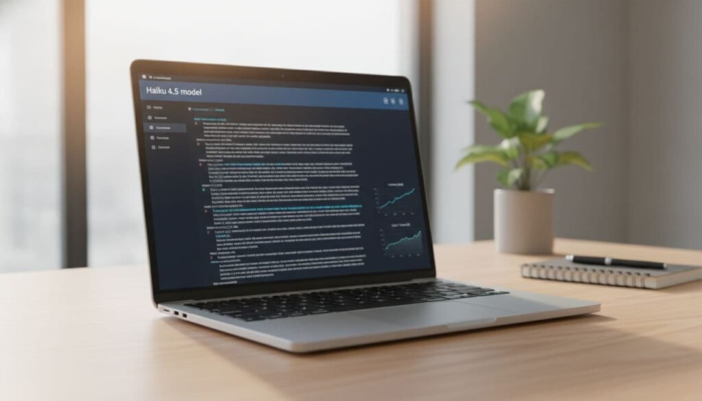 Photorealistic hero image of a sleek laptop on a wooden desk displaying a generic Claude Haiku 4.5 AI dashboard with chat interface and performance graphs, in a modern workspace with natural lighting.