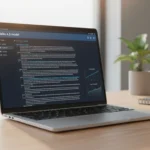 Photorealistic hero image of a sleek laptop on a wooden desk displaying a generic Claude Haiku 4.5 AI dashboard with chat interface and performance graphs, in a modern workspace with natural lighting.