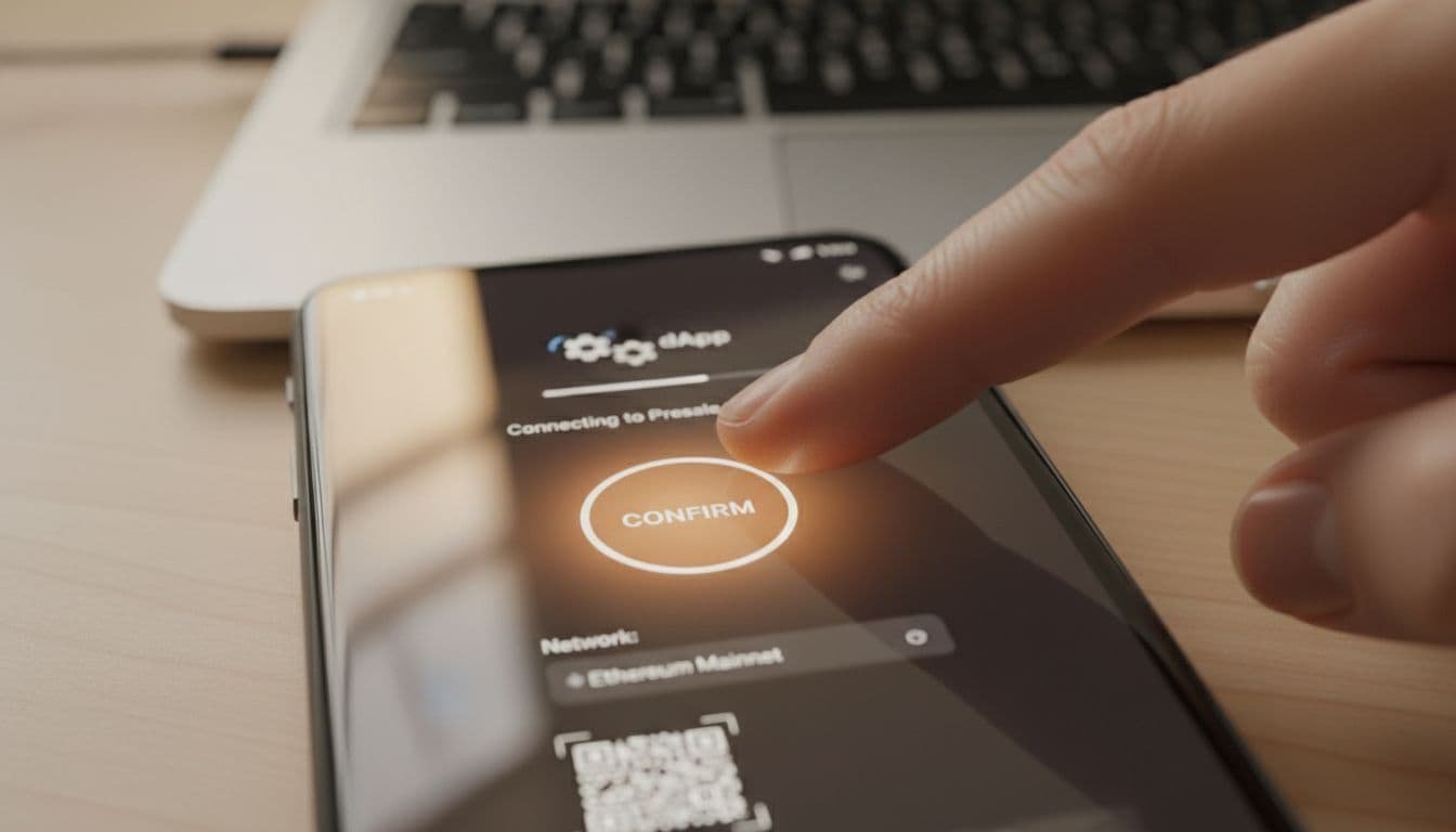 A photorealistic macro close-up of a smartphone screen showing a crypto wallet app ready to connect to a presale dApp, with a finger hovering over the Confirm button.