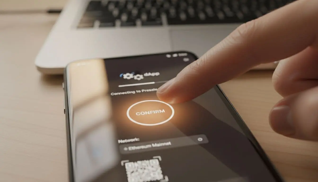 A photorealistic macro close-up of a smartphone screen showing a crypto wallet app ready to connect to a presale dApp, with a finger hovering over the Confirm button.