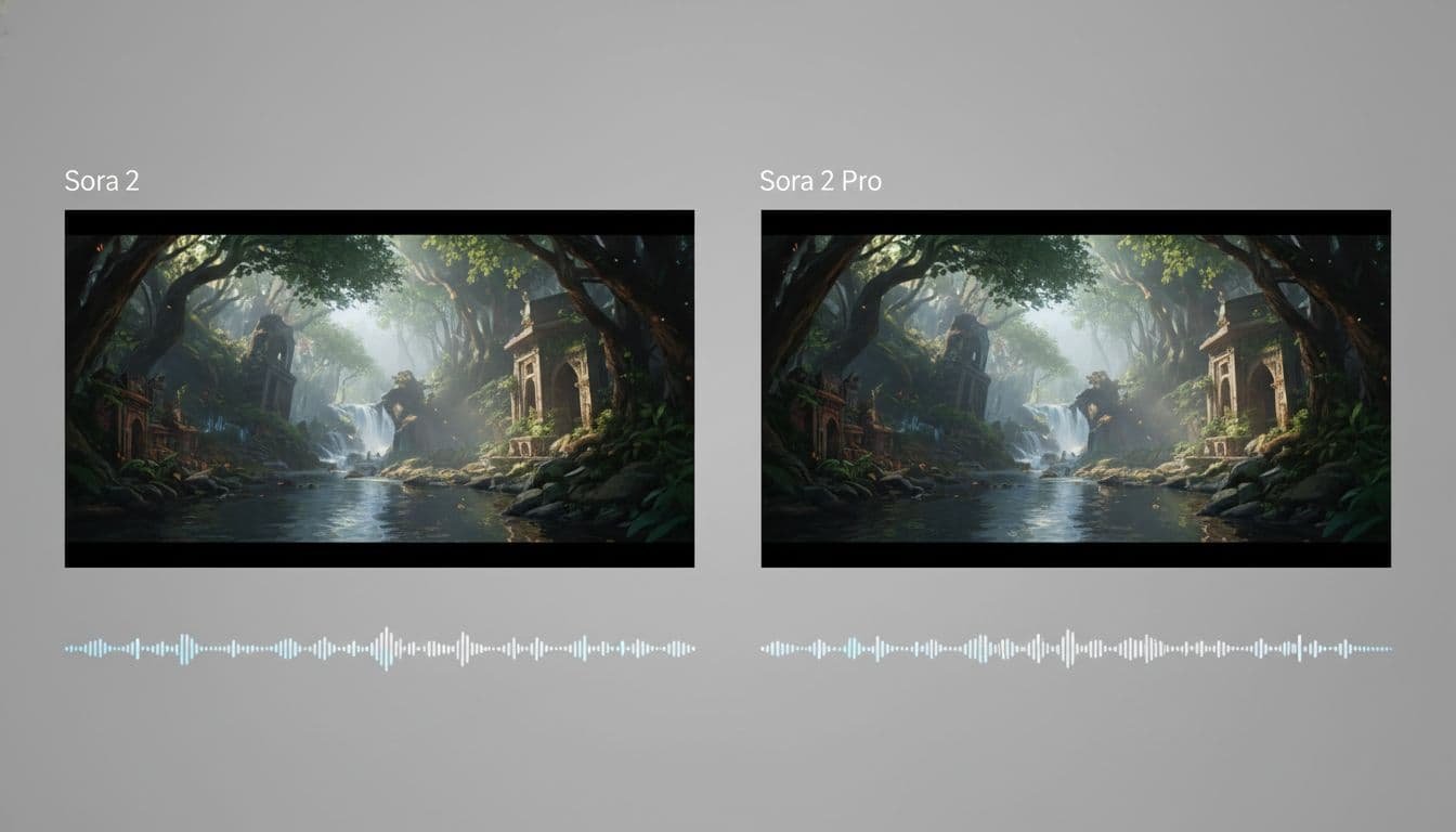 A split-screen comparison of two video frames from Sora 2 and Sora 2 Pro, highlighting subtle sharpness differences, with a clean audio waveform below on a neutral gray background.