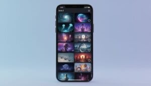 A vertical smartphone UI mockup showcasing the Sora 2 iOS app as an AI-native social feed with looping AI videos, remix icon, like and comment icons, rendered in a clean product style against a minimal gradient background.