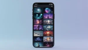 A vertical smartphone UI mockup showcasing the Sora 2 iOS app as an AI-native social feed with looping AI videos, remix icon, like and comment icons, rendered in a clean product style against a minimal gradient background.