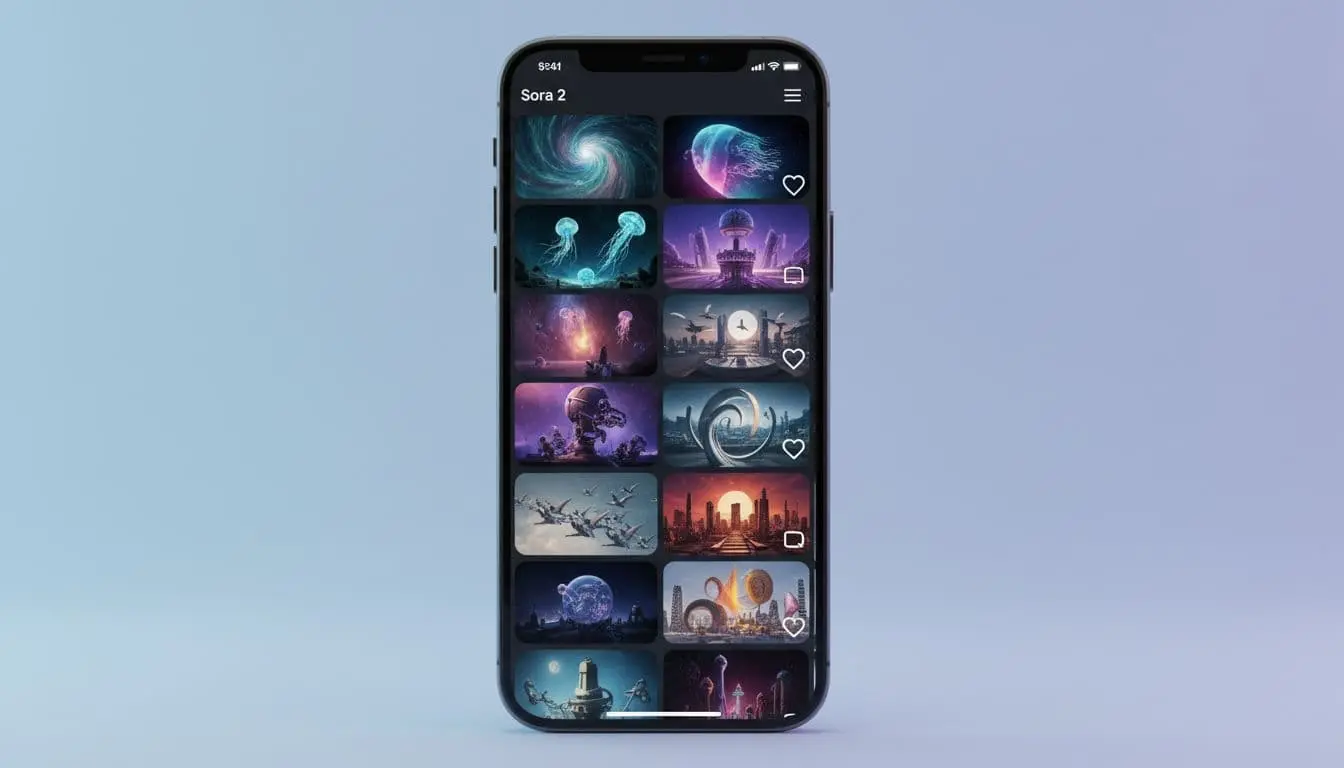 A vertical smartphone UI mockup showcasing the Sora 2 iOS app as an AI-native social feed with looping AI videos, remix icon, like and comment icons, rendered in a clean product style against a minimal gradient background.