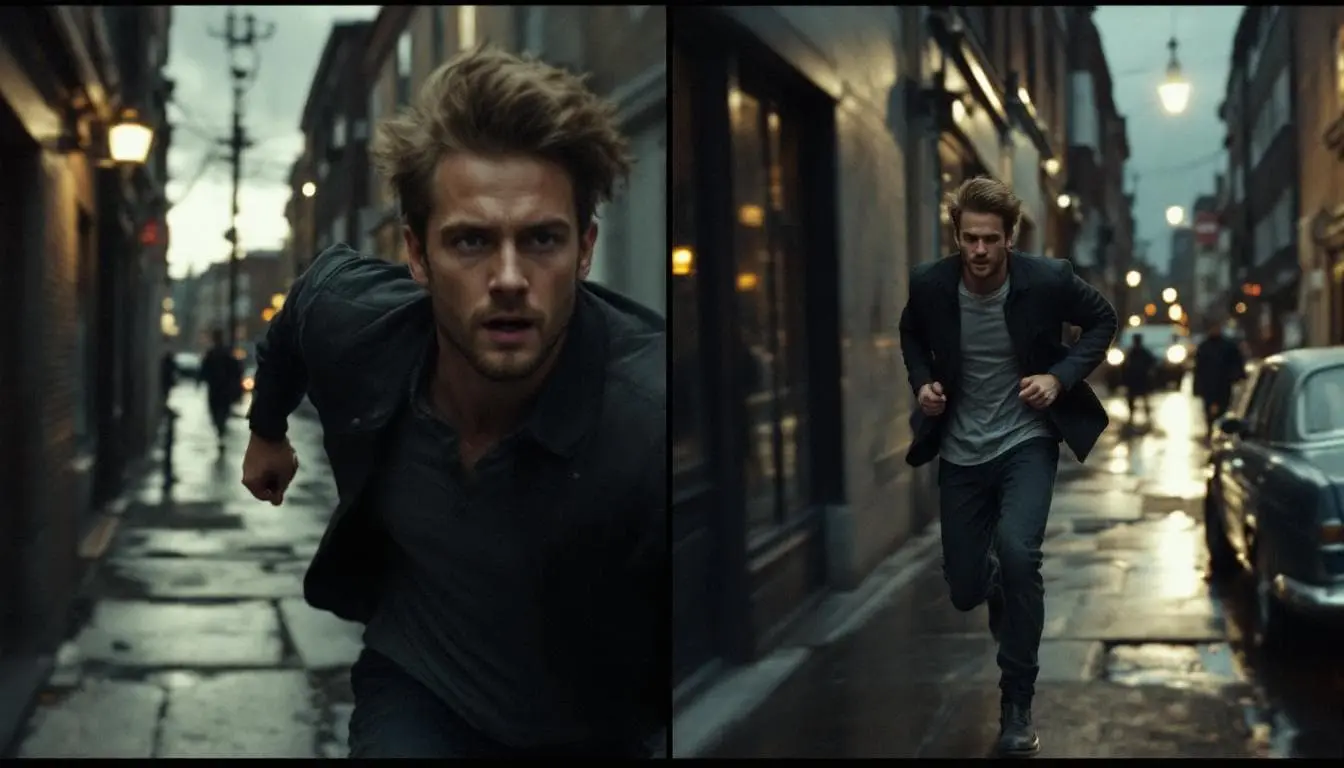 Split-screen of the same alley sprint with different characters, identical motion and lighting preserved.