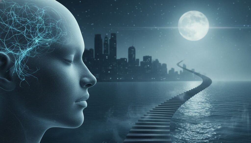 Photorealistic banner illustrating the question “can AI dream,” showing a semi-transparent human head with glowing neural pathways, a moonlit city shoreline, and a staircase rising from the ocean in a blue-teal night scene.
