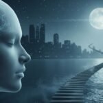 Photorealistic banner illustrating the question “can AI dream,” showing a semi-transparent human head with glowing neural pathways, a moonlit city shoreline, and a staircase rising from the ocean in a blue-teal night scene.