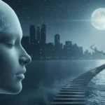 Photorealistic banner illustrating the question “can AI dream,” showing a semi-transparent human head with glowing neural pathways, a moonlit city shoreline, and a staircase rising from the ocean in a blue-teal night scene.