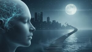 Photorealistic banner illustrating the question “can AI dream,” showing a semi-transparent human head with glowing neural pathways, a moonlit city shoreline, and a staircase rising from the ocean in a blue-teal night scene.