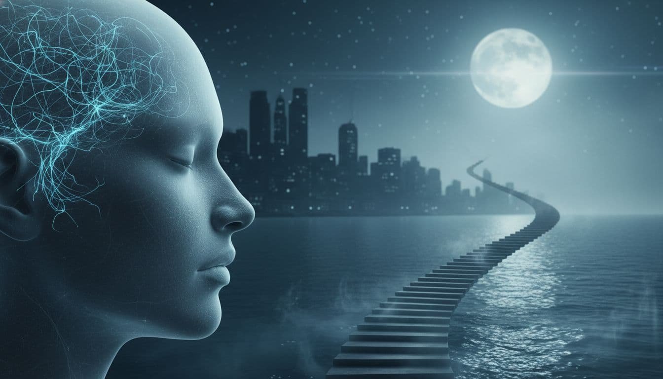 Photorealistic banner illustrating the question “can AI dream,” showing a semi-transparent human head with glowing neural pathways, a moonlit city shoreline, and a staircase rising from the ocean in a blue-teal night scene.