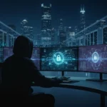 A photorealistic banner depicting a best ai cybersecurity analyst at a desk with multiple monitors showing threat maps and data flows, set against a modern data center and city skyline with binary overlays.