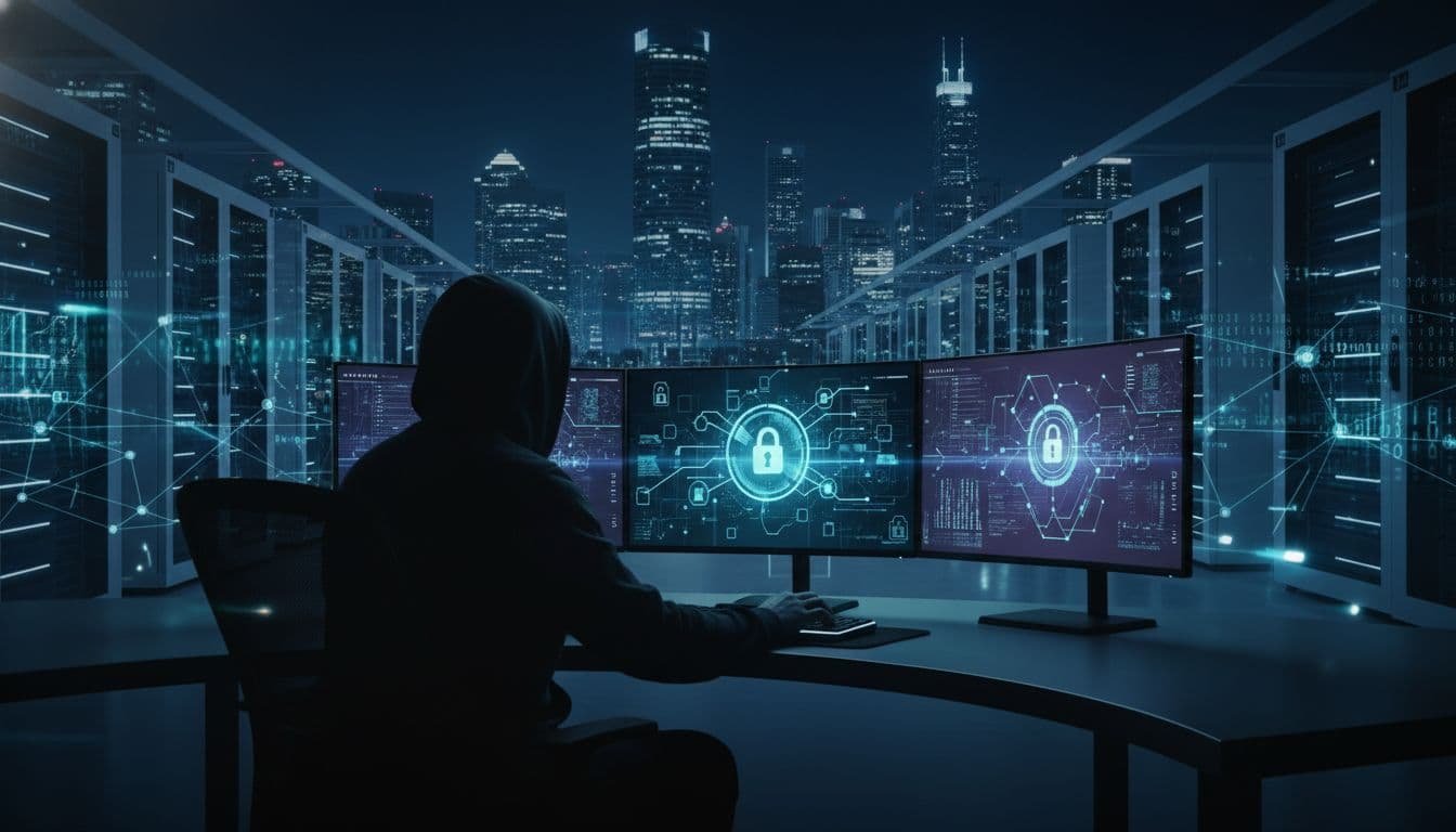 A photorealistic banner depicting a best ai cybersecurity analyst at a desk with multiple monitors showing threat maps and data flows, set against a modern data center and city skyline with binary overlays.