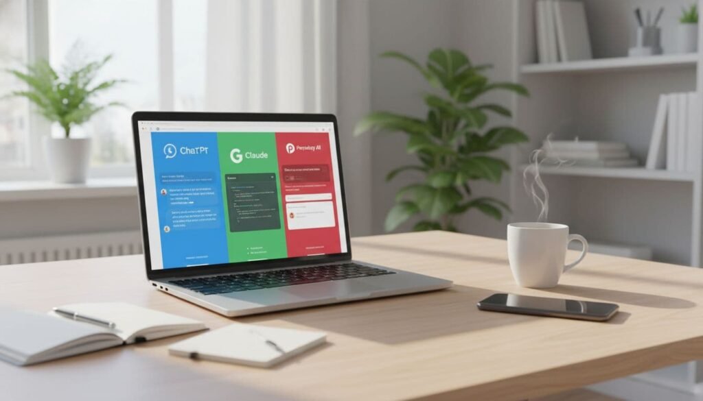 Modern home office with laptop showing multiple Best AI chatbots for work, study, and daily tasks