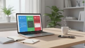 Modern home office with laptop showing multiple Best AI chatbots for work, study, and daily tasks