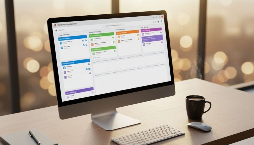 Photorealistic shot of a professional office desk showing the highly organized CoSchedule Marketing Calendar on a computer monitor