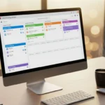 Photorealistic shot of a professional office desk showing the highly organized CoSchedule Marketing Calendar on a computer monitor