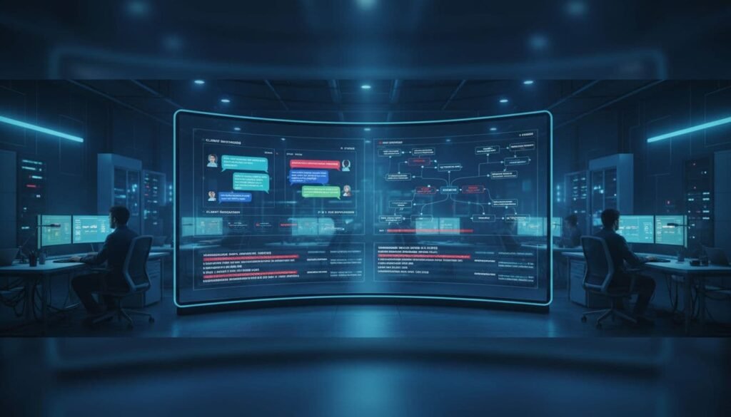 Photorealistic wide banner of a modern security operations center with a large curved screen displaying chat conversations, security alerts, and data flows for an AI chatbot security. Background shows engineers in a dimly lit professional office with realistic cinematic lighting in cool blue and teal tones.