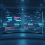 Photorealistic wide banner of a modern security operations center with a large curved screen displaying chat conversations, security alerts, and data flows for an AI chatbot security. Background shows engineers in a dimly lit professional office with realistic cinematic lighting in cool blue and teal tones.