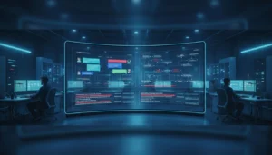 Photorealistic wide banner of a modern security operations center with a large curved screen displaying chat conversations, security alerts, and data flows for an AI chatbot security. Background shows engineers in a dimly lit professional office with realistic cinematic lighting in cool blue and teal tones.