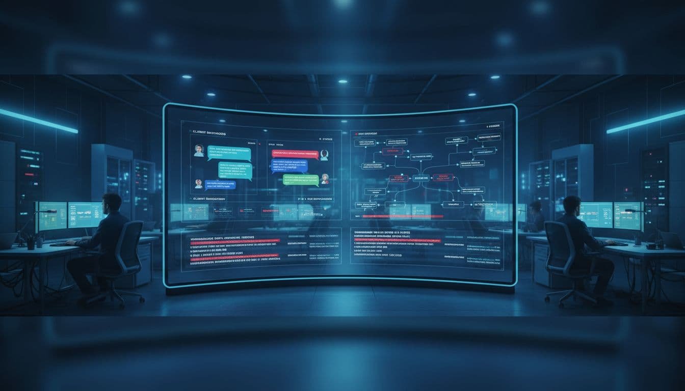 Photorealistic wide banner of a modern security operations center with a large curved screen displaying chat conversations, security alerts, and data flows for an AI chatbot security. Background shows engineers in a dimly lit professional office with realistic cinematic lighting in cool blue and teal tones.