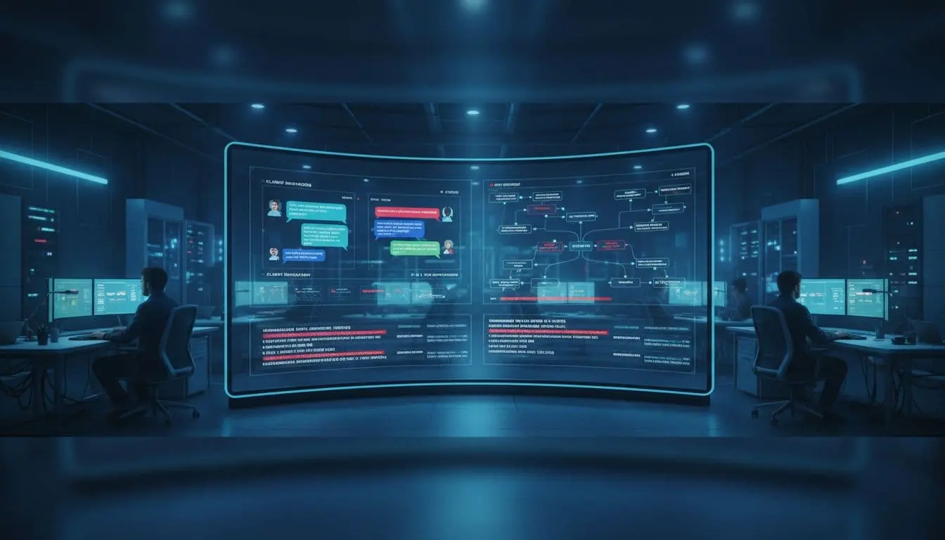 Photorealistic wide banner of a modern security operations center with a large curved screen displaying chat conversations, security alerts, and data flows for an AI chatbot security. Background shows engineers in a dimly lit professional office with realistic cinematic lighting in cool blue and teal tones.