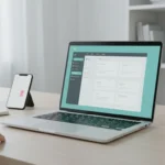 KoalaWriter AI banner of a modern home office with a laptop showing a generic AI writing dashboard, koala figurine, notebook, coffee mug, and smartphone displaying a content calendar, evoking a professional blogging workflow.