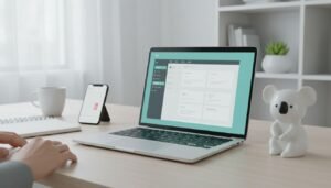 KoalaWriter AI banner of a modern home office with a laptop showing a generic AI writing dashboard, koala figurine, notebook, coffee mug, and smartphone displaying a content calendar, evoking a professional blogging workflow.