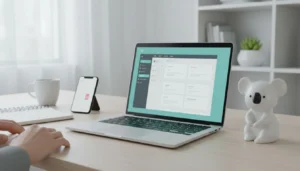 KoalaWriter AI banner of a modern home office with a laptop showing a generic AI writing dashboard, koala figurine, notebook, coffee mug, and smartphone displaying a content calendar, evoking a professional blogging workflow.