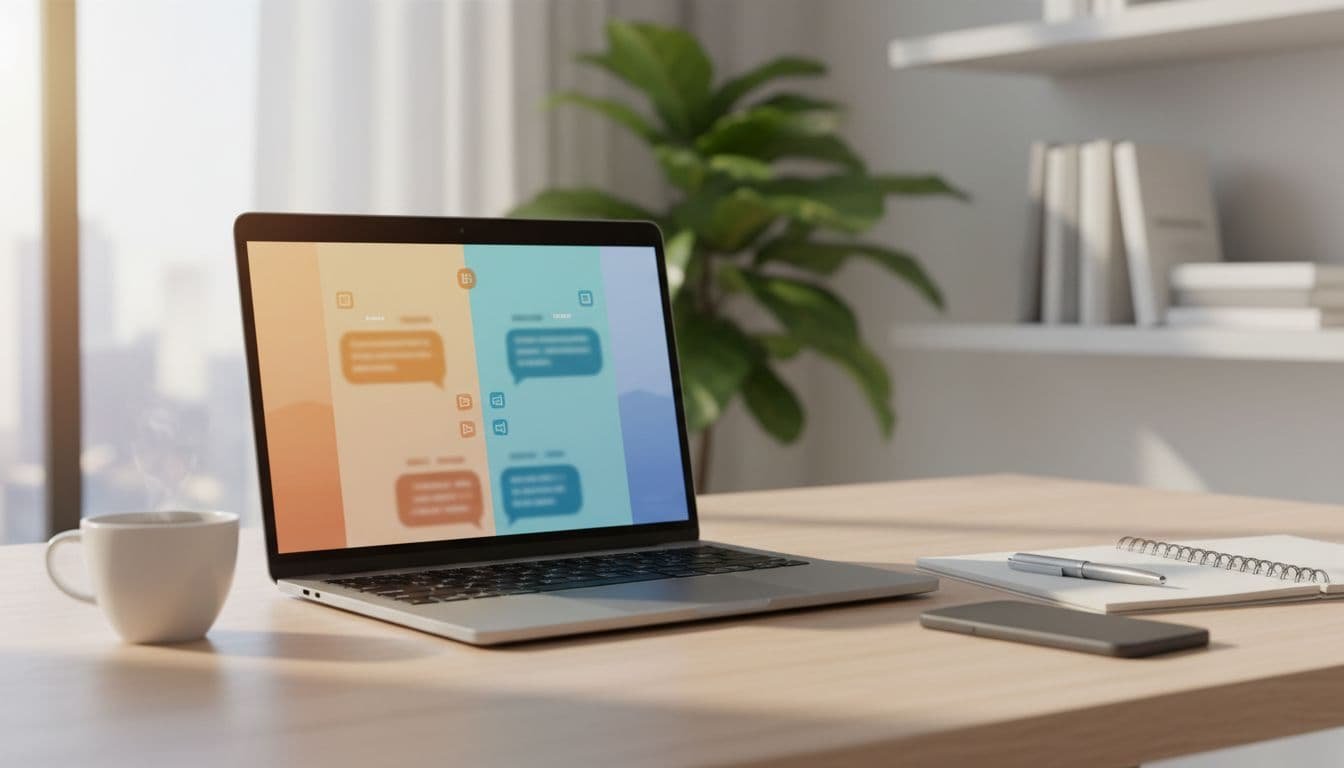 Photorealistic wide banner featuring a laptop with split-screen chat interfaces for two AI assistants, surrounded by productivity items in a modern home office.
