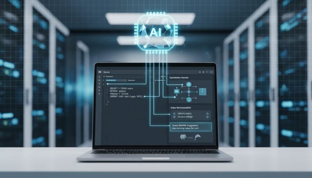 Photorealistic 16:9 feature banner depicting a laptop with SQL query editor, EXPLAIN plan visualization, index recommendations, and query rewrite suggestions for PostgreSQL and MySQL, featuring a holographic AI brain overlay on a professional office background. ai query optimizer