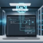 Photorealistic 16:9 feature banner depicting a laptop with SQL query editor, EXPLAIN plan visualization, index recommendations, and query rewrite suggestions for PostgreSQL and MySQL, featuring a holographic AI brain overlay on a professional office background. ai query optimizer