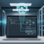 Photorealistic 16:9 feature banner depicting a laptop with SQL query editor, EXPLAIN plan visualization, index recommendations, and query rewrite suggestions for PostgreSQL and MySQL, featuring a holographic AI brain overlay on a professional office background. ai query optimizer