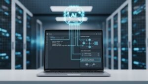 Photorealistic 16:9 feature banner depicting a laptop with SQL query editor, EXPLAIN plan visualization, index recommendations, and query rewrite suggestions for PostgreSQL and MySQL, featuring a holographic AI brain overlay on a professional office background. ai query optimizer