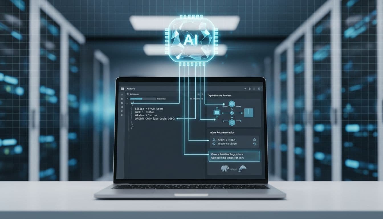 Photorealistic 16:9 feature banner depicting a laptop with SQL query editor, EXPLAIN plan visualization, index recommendations, and query rewrite suggestions for PostgreSQL and MySQL, featuring a holographic AI brain overlay on a professional office background. ai query optimizer