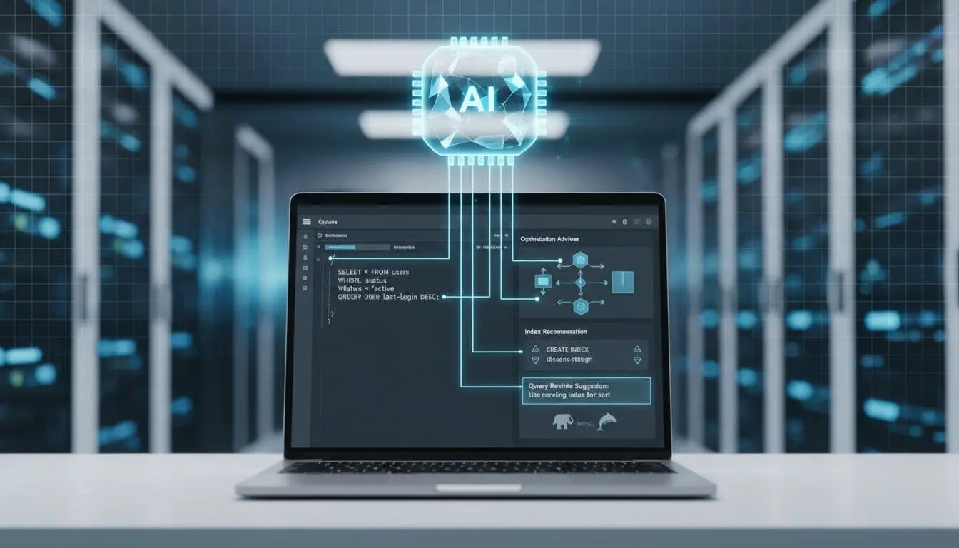 Photorealistic 16:9 feature banner depicting a laptop with SQL query editor, EXPLAIN plan visualization, index recommendations, and query rewrite suggestions for PostgreSQL and MySQL, featuring a holographic AI brain overlay on a professional office background. ai query optimizer