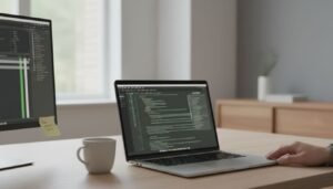 Laptop on a desk showing a terminal and plan preview for safe AI automation workflows of cowork claude code