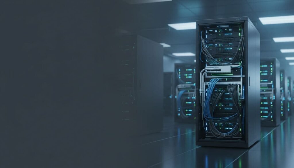 Nvidia Vera Rubin Photorealistic wide banner image of a modern data center aisle featuring a prominent AI supercomputer rack with liquid cooling, high-speed cabling, and glowing LEDs, set against a cool-toned industrial background with additional racks.