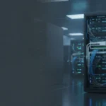 Nvidia Vera Rubin Photorealistic wide banner image of a modern data center aisle featuring a prominent AI supercomputer rack with liquid cooling, high-speed cabling, and glowing LEDs, set against a cool-toned industrial background with additional racks.