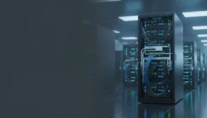 Nvidia Vera Rubin Photorealistic wide banner image of a modern data center aisle featuring a prominent AI supercomputer rack with liquid cooling, high-speed cabling, and glowing LEDs, set against a cool-toned industrial background with additional racks.