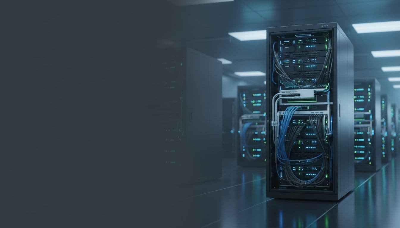 Nvidia Vera Rubin Photorealistic wide banner image of a modern data center aisle featuring a prominent AI supercomputer rack with liquid cooling, high-speed cabling, and glowing LEDs, set against a cool-toned industrial background with additional racks.