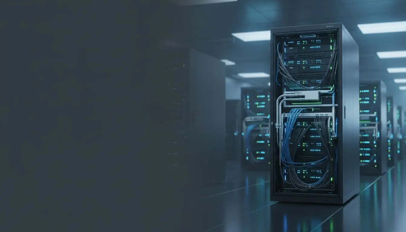 Nvidia Vera Rubin Photorealistic wide banner image of a modern data center aisle featuring a prominent AI supercomputer rack with liquid cooling, high-speed cabling, and glowing LEDs, set against a cool-toned industrial background with additional racks.