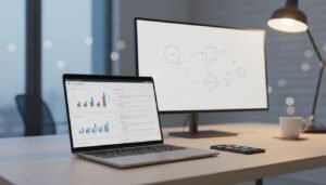 Photorealistic banner showing a vector database dashboard with hybrid search results, filters, and latency charts for a Weaviate Cloud review