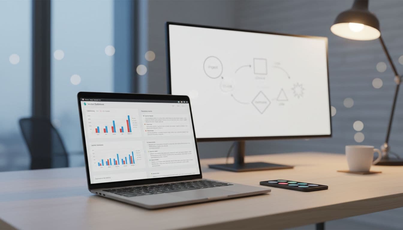 Photorealistic banner showing a vector database dashboard with hybrid search results, filters, and latency charts for a Weaviate Cloud review