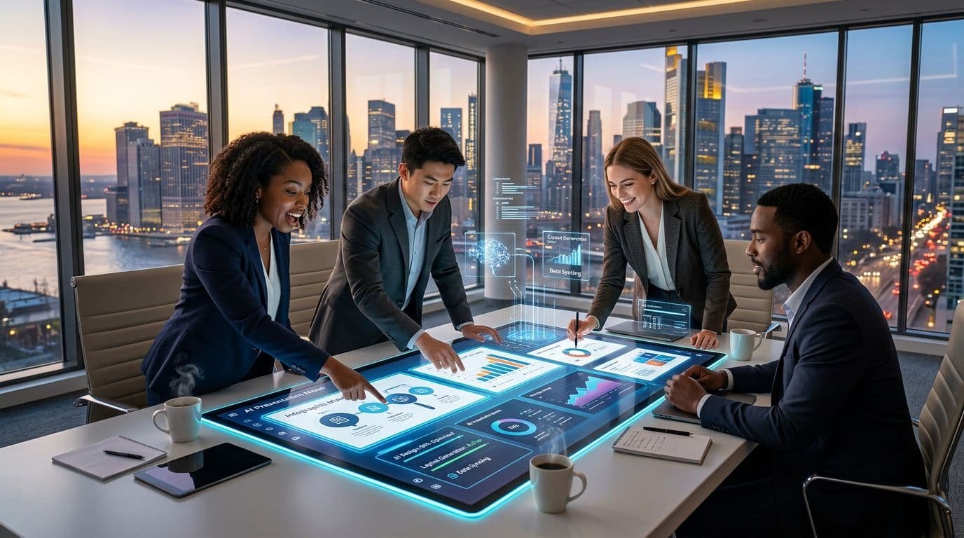 A diverse team of young professionals collaborates around a large interactive touchscreen table in a modern high-tech conference room overlooking a city skyline at golden hour, showcasing AI presentation software transforming wireframes into polished slides with neural network overlays.