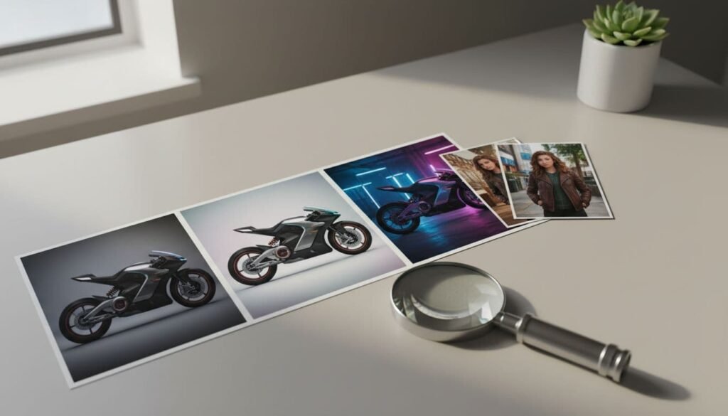 Photoreal desk scene illustrating a Midjourney V7 review with prompt control, style consistency, and upscaling inspection.